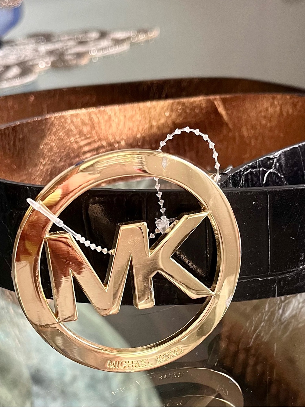 Michael Kors Black Croc-Embossed Leather Belt with Gold MK Circle Buckle